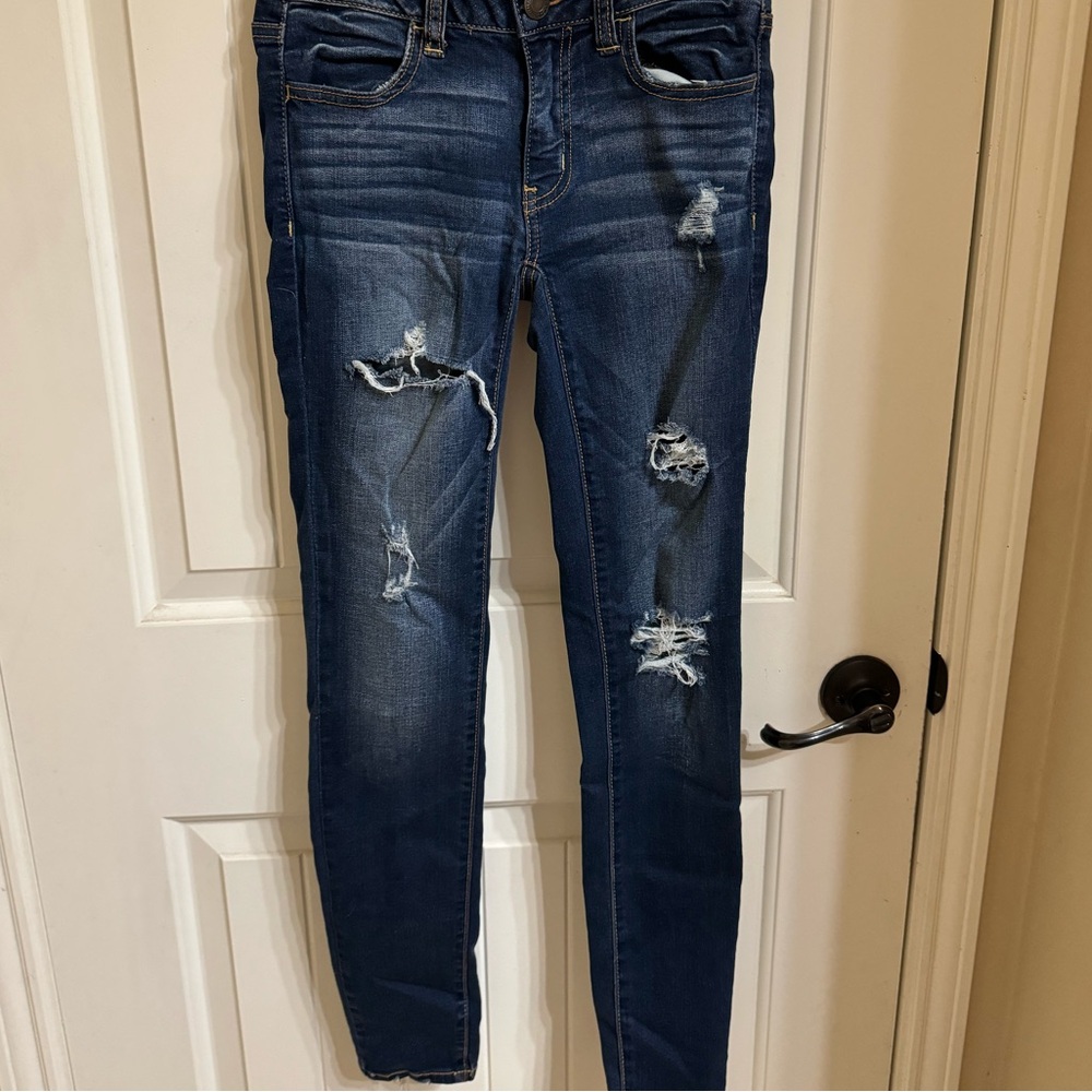 SKINNY | STRETCHY | DARK BLUE | RIPPED | HIGH WAISTED | JEGGINGS | WORN